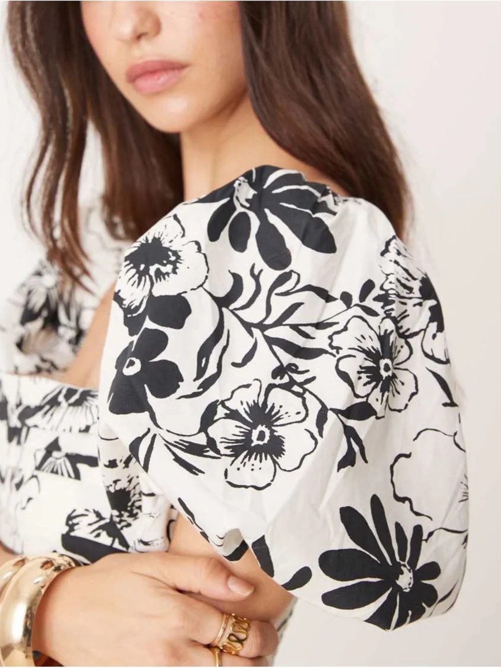 A&F Emerson Black + White Floral Square-Neck Feminine Midi Puff Sleeve Dress L